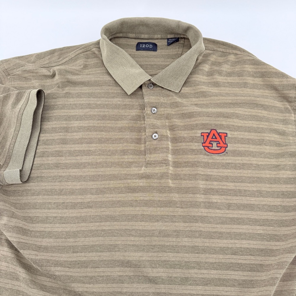 IZOD Auburn Tigers Polo Shirt Mens Large Khaki‎ Tan Striped Short Sleeve Pique